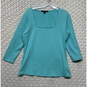 Boston Proper Top Shirt Women Sz M Blue Cotton Blend 3/4 Sleeve Blouse